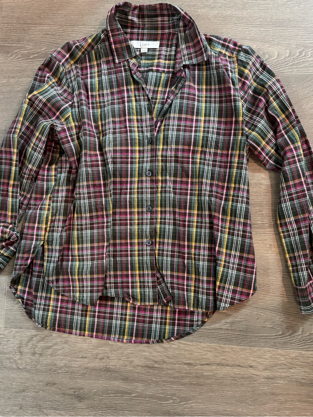 LOFT Plaid Button-Up Shirt in Green, Pink & Yellow